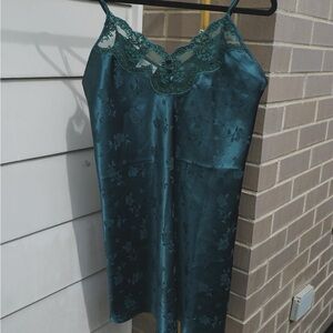 Vintage emerald green satin and lace trim slip dress